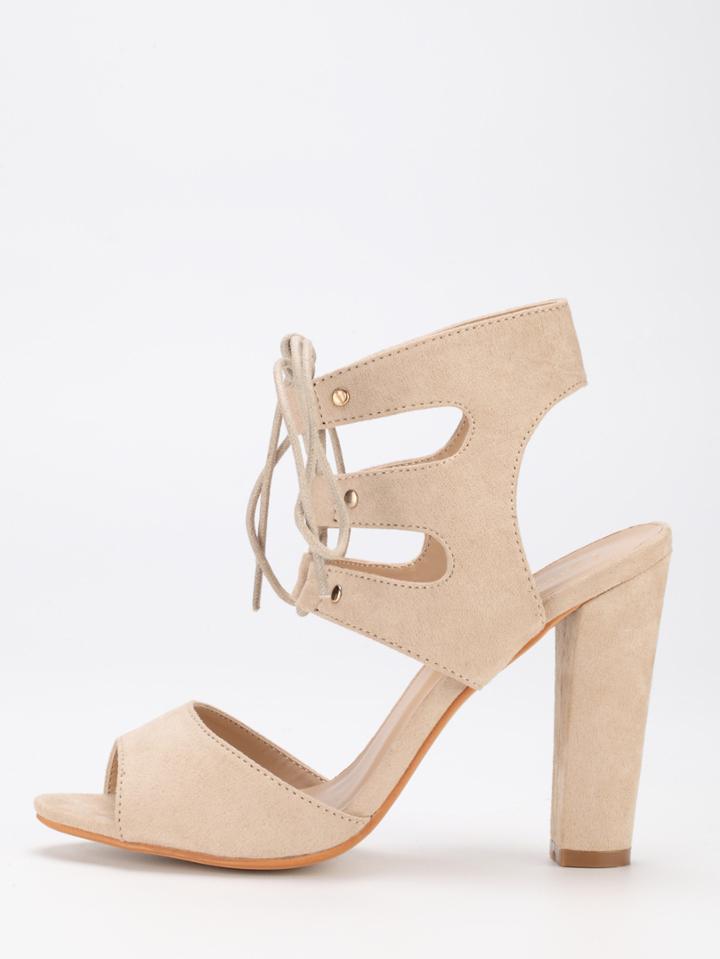 Shein Apricot Faux Suede Lace Up Block Heel Sandals