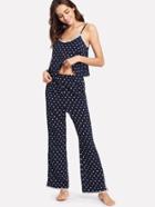 Shein Lace Trim Polka Dot Cami & Pants Pj Set