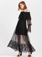 Shein Frill Off Shoulder Lace Overlay Tiered Dress