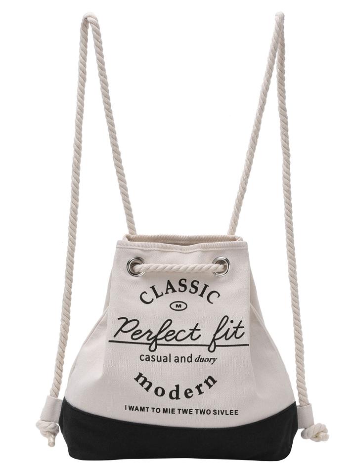 Shein Letter Print Contrast Canvas Drawstring Bag - Black