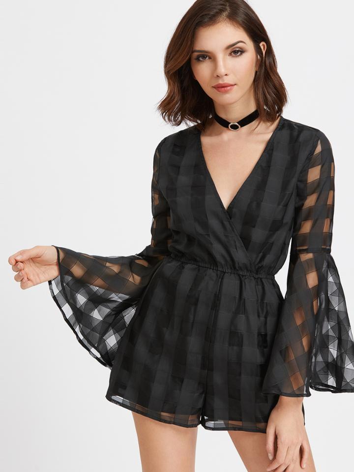 Shein Trumpet Sleeve Surplice Wrap Checkered Mesh Romper