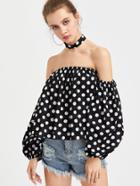 Shein Off Shoulder Lantern Sleeve Polka Dot Top With Choker