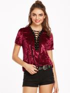 Shein Eyelet Lace Up V Neck Velvet Top