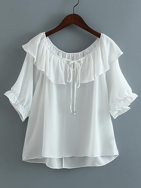 Shein White Boat Neck Elastic Cuff Self Tie Blouse