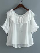 Shein White Boat Neck Elastic Cuff Self Tie Blouse