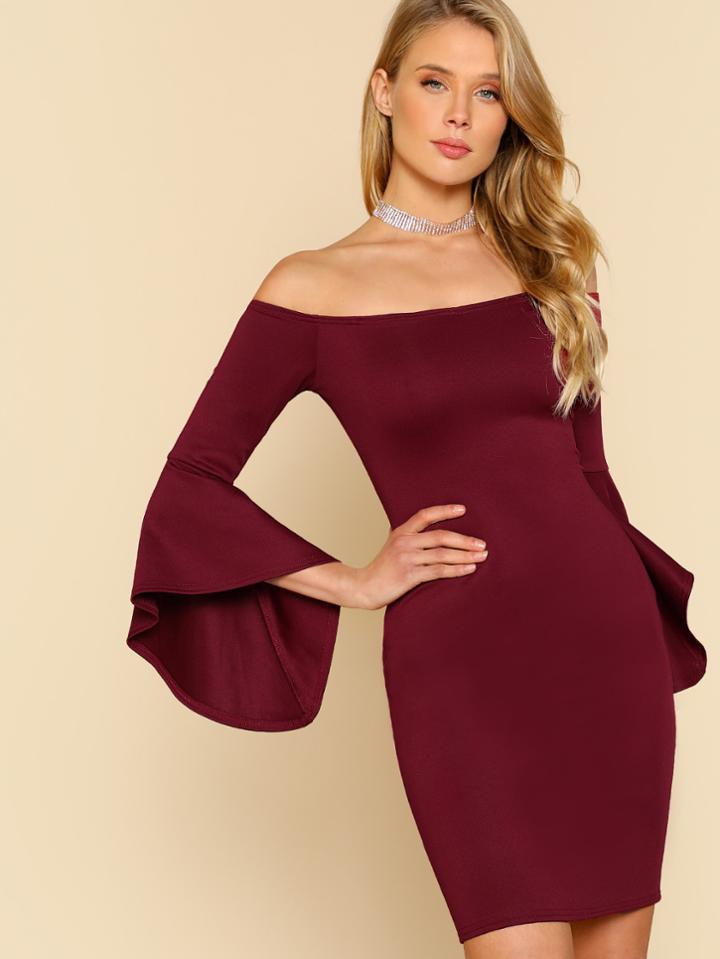 Shein Exaggerate Fluted Sleeve Bardot Dress