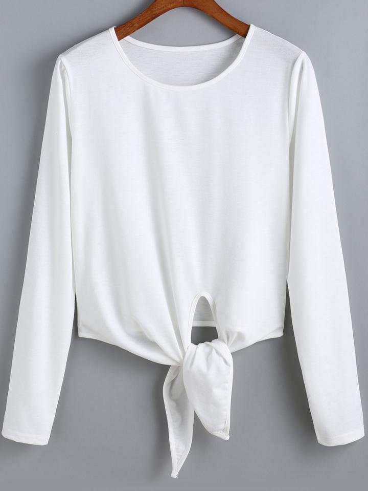 Shein White Round Neck Knotted Crop Blouse