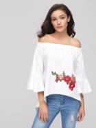 Shein Embroidered Flower Patch Bell Sleeve Open Back Top