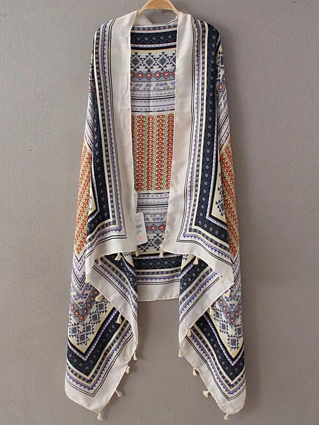 Shein Orange Printed Asymmetric Tassel Scarf