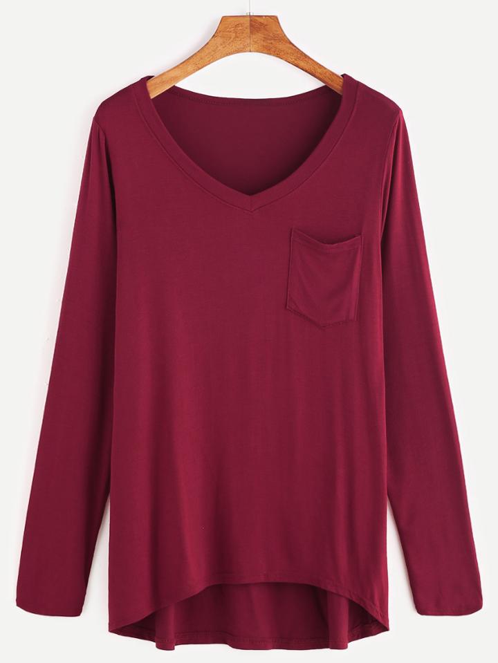 Shein Burgundy V Neck Dip Hem T-shirt With Pocket