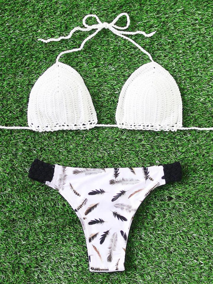 Shein Feather Print Crochet Bikini Set
