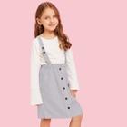 Shein Girls Knot Detail Solid Top With Striped Pinafore Skirt