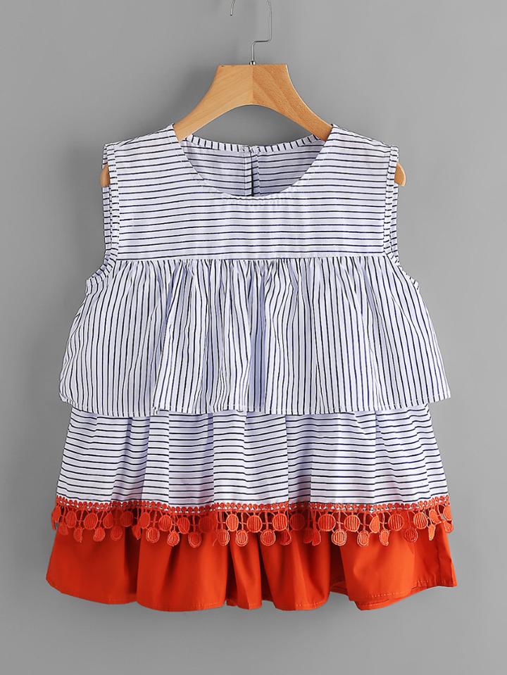 Shein Contrast Crochet Trim Tiered Flounce Striped Blouse