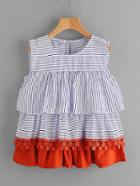 Shein Contrast Crochet Trim Tiered Flounce Striped Blouse