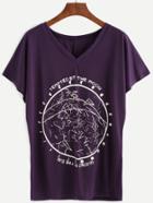 Shein Purple V Neck Graphic Print T-shirt