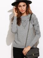 Shein Grey Applique Ribbed Trim Long Sleeve Sweater