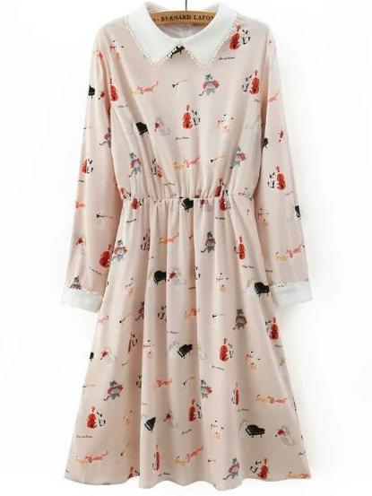 Shein Apricot Contrast Collar Cats Print Dress