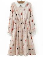 Shein Apricot Contrast Collar Cats Print Dress