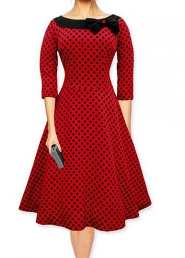 Rosewe Bowtie Embellished Dot Print Three Quarter Skater Dress