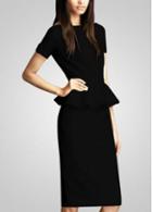 Rosewe Solid Black Short Sleeve Flouncing With Waist Dress