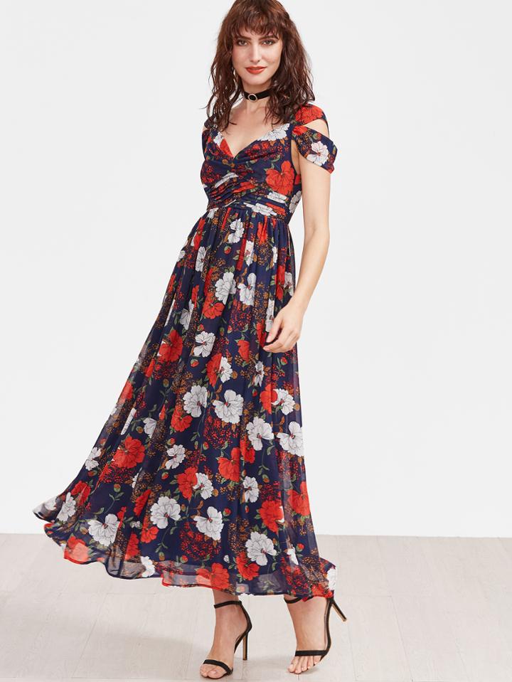 Shein Multicolor Flower Print Cap Sleeve Sweetheart Dress