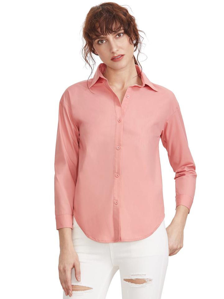 Shein Pink Sharp Collar Long Sleeve Buttons Blouse