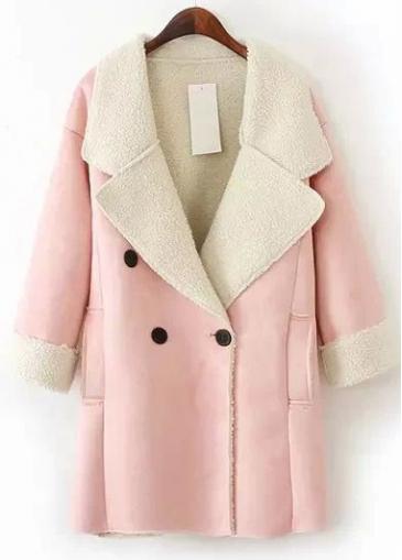Rosewe Cute Turndown Collar Double Breasted Woman Coat Pink