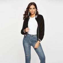 Shein Solid Zip-up Striped Tape Teddy Jacket