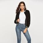 Shein Solid Zip-up Striped Tape Teddy Jacket