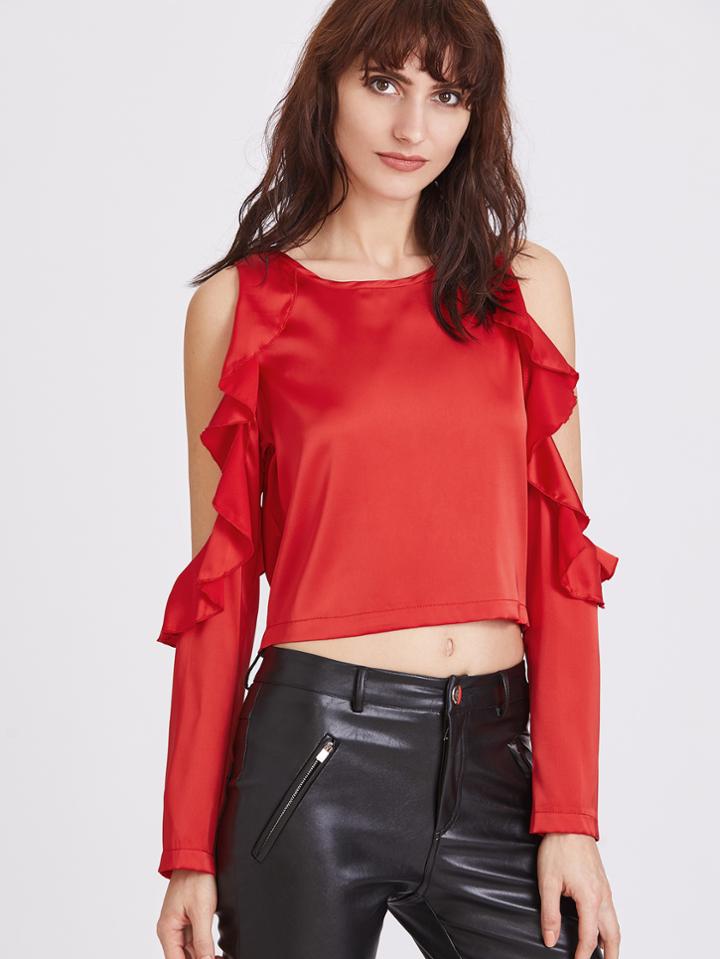 Shein Red Ruffle Cold Should Long Sleeve Top