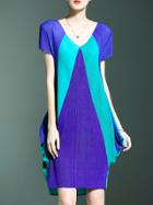 Shein Purple Color Block V Neck Pleated Elastic Dress