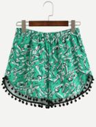 Shein Green Elastic Waist Print Pom Pom Shorts