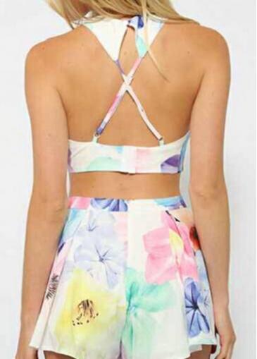 Rosewe Criss Cross Back Flower Print Two Piece Dresses