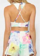 Rosewe Criss Cross Back Flower Print Two Piece Dresses