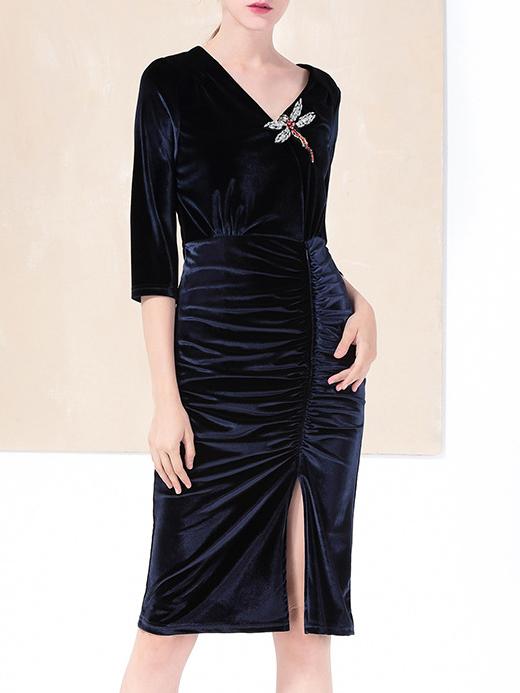 Shein Navy V Neck Dragonfly Pleated Split Dress