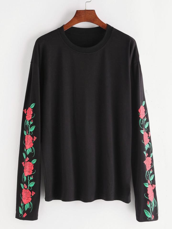 Shein Black Florals Drop Shoulder T-shirt