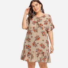 Shein Plus Lace Up Neck Ruffle Floral Dress