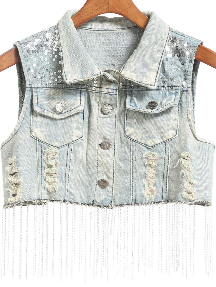 Shein Blue Lapel Tassel Sequined Vest