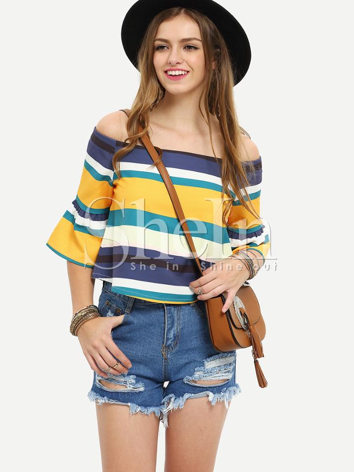 Shein Multicolor Striped Off The Shoulder Half Sleeve Blouse