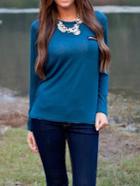 Shein Blue Round Neck Zipper Pocket T-shirt