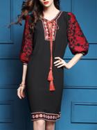 Shein Black Tie Neck Tribal Embroidered Shift Dress