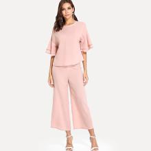 Shein Drop Shoulder Flounce Sleeve Top & Flare Hem Pants Set