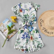 Shein Tropical Print Knotted Top & Ruffle Hem Shorts Set