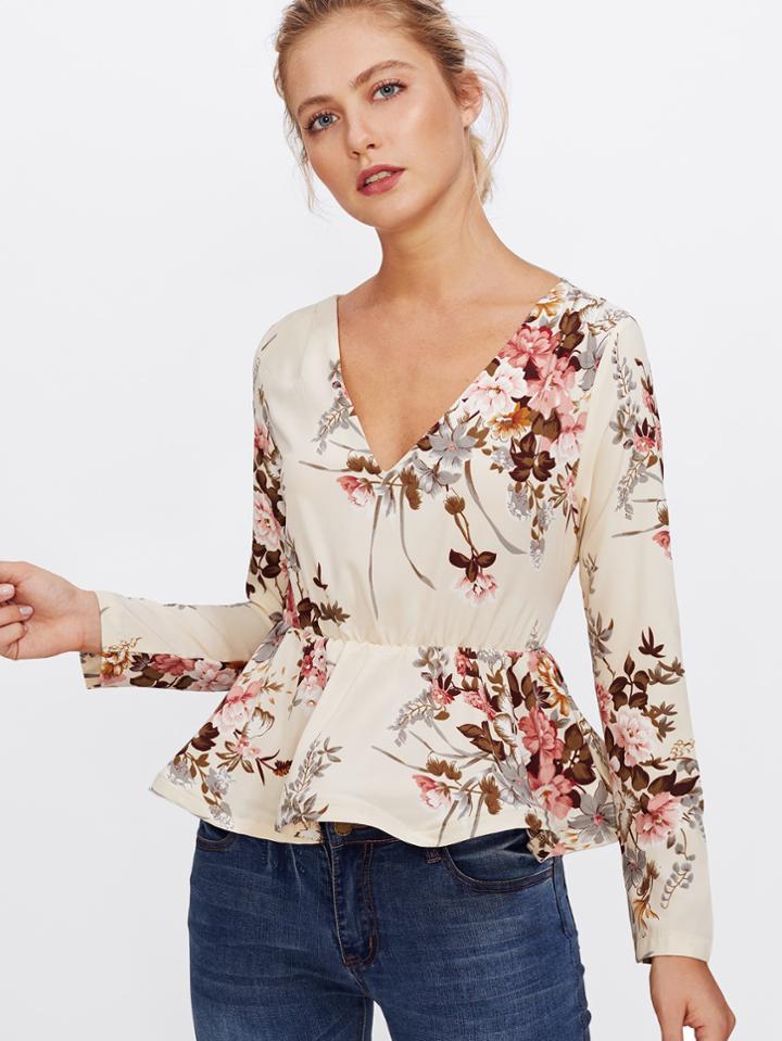 Shein V Neck Self Belted Peplum Top