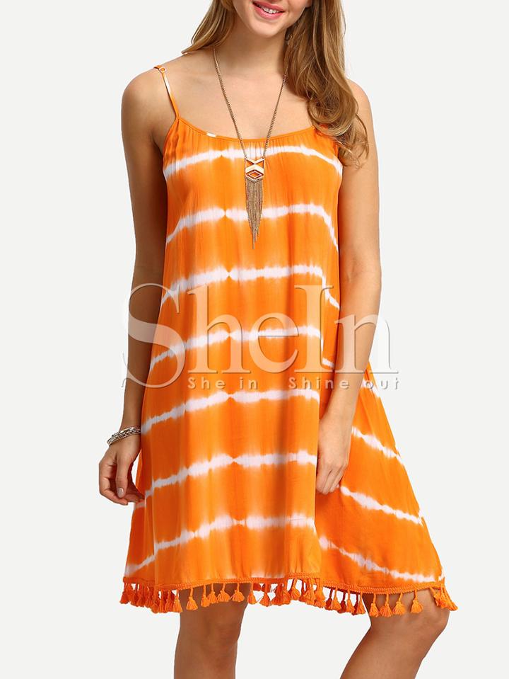 Shein Orange Spaghettic Strap Tassel Trim Tie-dye Dress