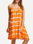 Shein Orange Spaghettic Strap Tassel Trim Tie-dye Dress