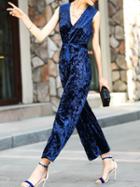 Shein Blue V Neck Velvet Tie-waist Jumpsuits