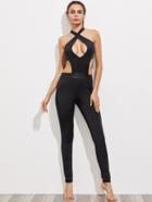 Shein Active Criss Cross Cutout Pu Panel Jumpsuit