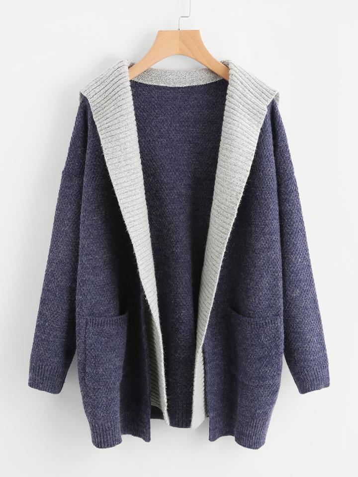 Shein Contrast Hood Pocket Detail Open Front Sweater Coat