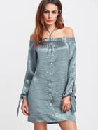 Shein Blue Off The Shoulder Button Up Silky Dress